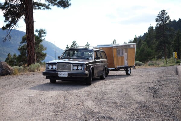The camper is light enough that Peterson-Hui can tow it with his Volvo station wagon.