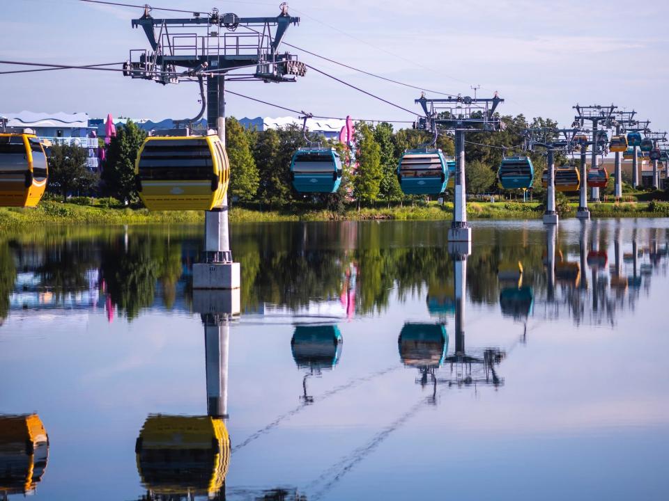 The Disney World Skyliner over water.