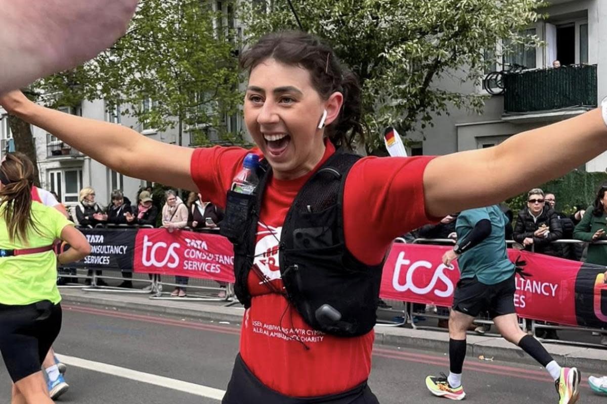 Terrie Savage ran the London Marathon and has raised £13,000 which will be split between two charities <i>(Image: Wales Air Ambulance)</i>