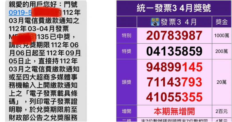 網友收到的簡訊及中獎號碼對照表。（圖／翻攝自臉書「爆廢公社二館」）