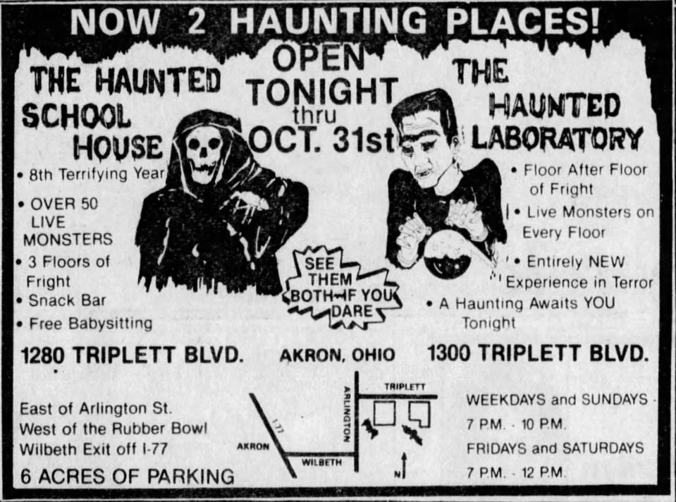 A 1981 advertisement dares customers to visit both haunted houses on Triplett Boulevard in Akron.