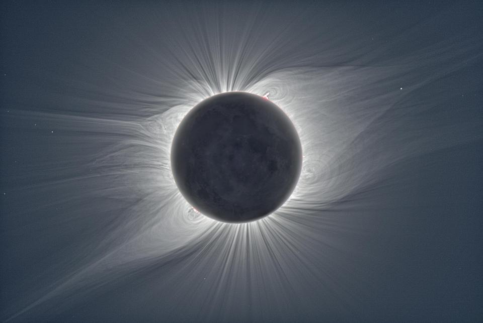 A total Solar Eclipse photographed in 2008. This composite combines hundreds of images showing exactly what the human eye would see if it was possible to remove the blinding glare caused by the heavenly event.