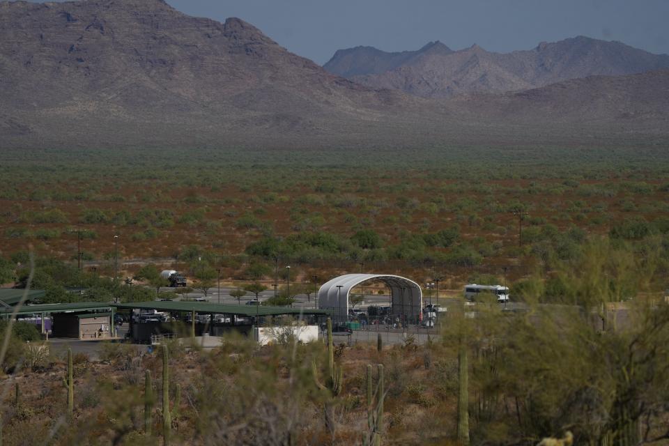 An outdoor shelter sits outside of the Ajo Border Patrol Station.