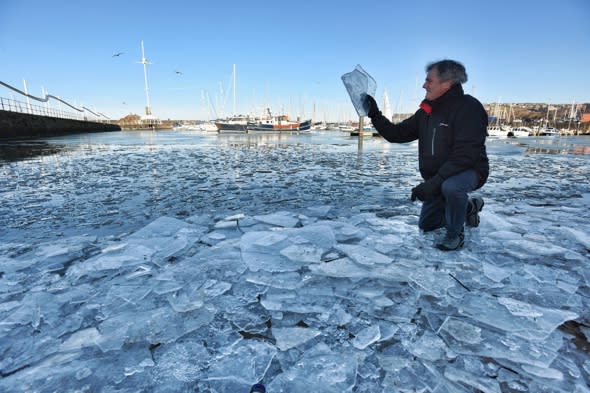 Sea freezes over at Whitehaven Harbour in Cumbria