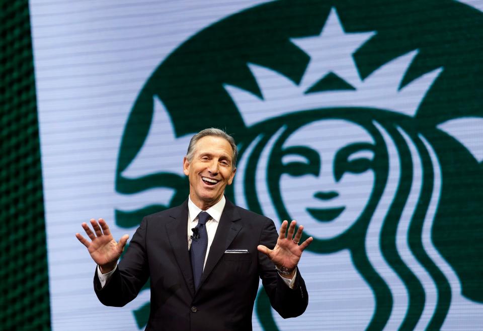 Then-Starbucks CEO Howard Schultz speaks at the Starbucks annual shareholders meeting in Seattle on March 22, 2017.