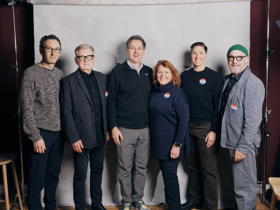 (L-R) Jesse Moss, Warren Littlefield, Montana Gov. Steve Bullock, Sen. Heidi Heitkamp, Vet Voice CEO Janessa Goldbeck & Tony Gerber in the Deadline Portrait Studio at Sundance 2024