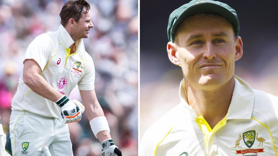 Steve Smith does the 'chainsaw' celebration on the left, with Marnus Labuschagne pictured grinning on the right.