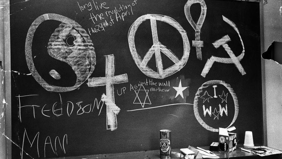 Graffiti on a blackboard at some point after protests began on April 23, 1968 at Columbia University in New York. - Neal Boenzi/The New York Times/Redux