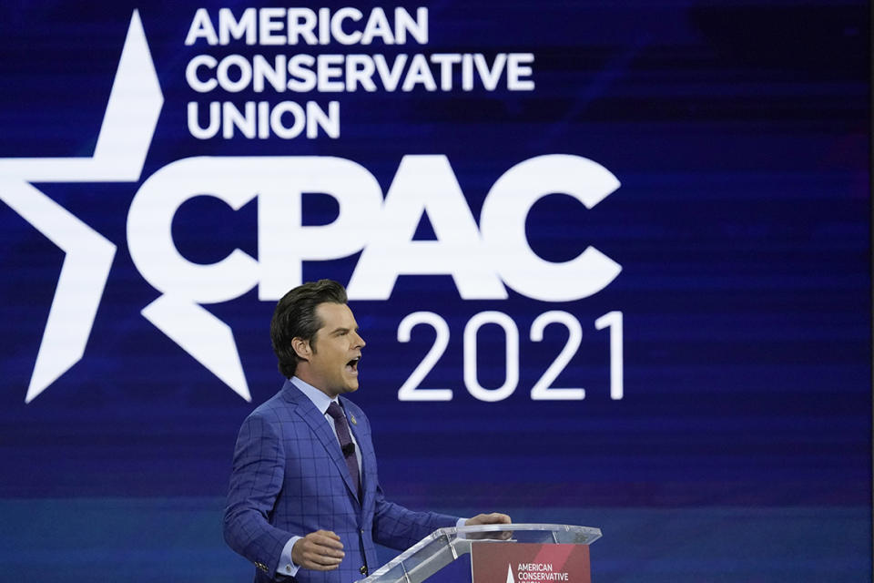 Rep. Matt Gaetz speaks at the Conservative Political Action Conference (CPAC) Friday, Feb. 26, 2021, in Orlando, Fla.