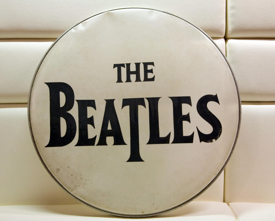 One Of Less Than 10 Drum Skins Bearing The Beatles Logo Goes On Display Ahead Of The Rock N Roll Art & And Soul Online Auction Where It Is Estimated To Fetch 70,000-100,000 Pounds. (Photo by John Phillips/UK Press via Getty Images)