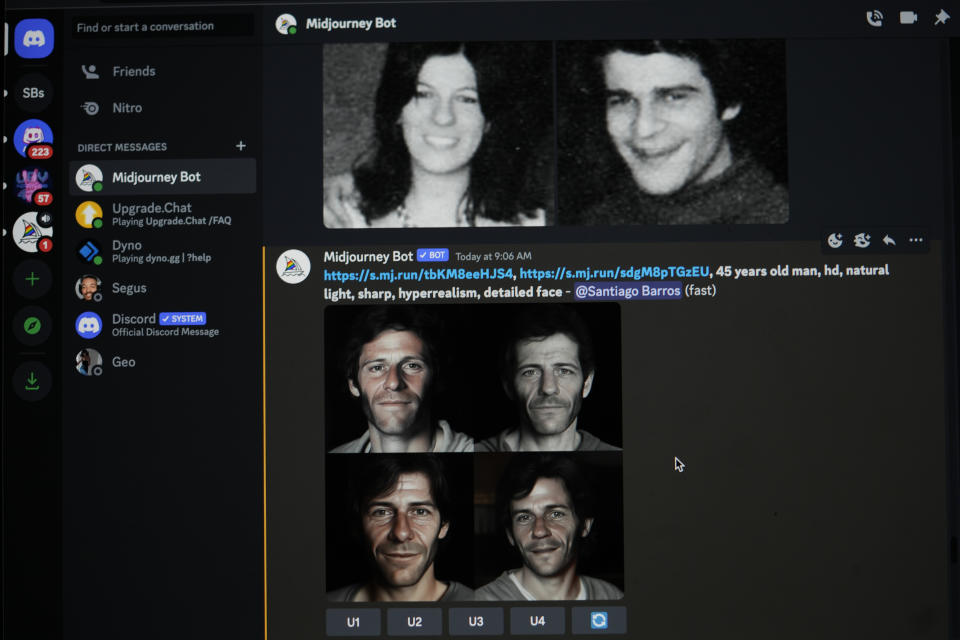 La pantalla de la computadora de Santiago Barros muestra fotografías antiguas de la pareja formada por María Eugenia González y Néstor Óscar Junquera, que desaparecieron durante la dictadura de 1976-1983, encima de las imágenes generadas por una aplicación de inteligencia artificial llamada que intentan recrear cómo se verían hoy su hijo robado, en Buenos Aires, Argentina, el jueves 2 de agosto de 2023. Barros utiliza inteligencia artificial para crear imágenes sobre el posible aspecto como adultos de los hijos de padres desaparecidos durante la dictadura y las sube a una cuenta de Instagram llamada iabuelas, en un juego de palabras entre las siglas de la inteligencia artificial, IA, y la palabra abuela que es la que identifica a la organización Abuelas de la Plaza de Mayo que busca a los nietos robados. (AP Foto/Natacha Pisarenko)