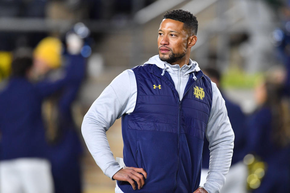 Oct 15, 2022; South Bend, Indiana, USA; Notre Dame Fighting Irish head coach Marcus Freeman pauses after the game against the Stanford Cardinal at Notre Dame Stadium. Mandatory Credit: Matt Cashore-USA TODAY Sports