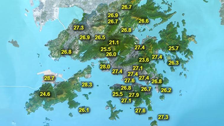 本港地區今日天氣預測短暫時間有陽光，間中有驟雨，最高氣溫約30度。(香港天文台)