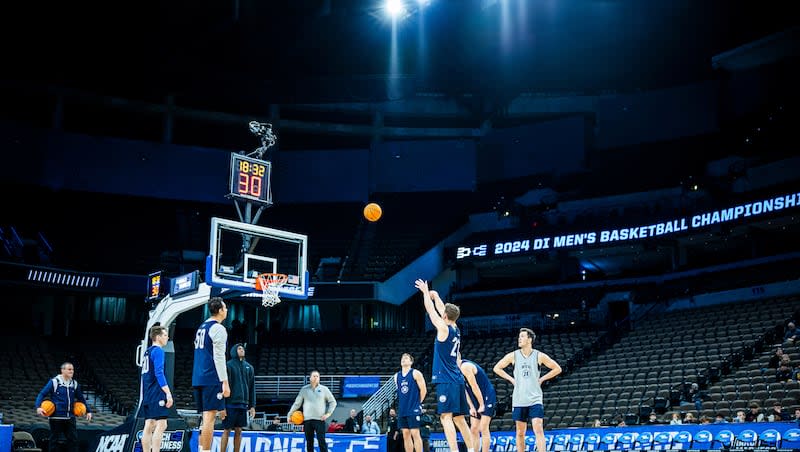 BYU players practice at CHI Health Center Arena on Wednesday, March 20, 2024, in Omaha, Neb. The Cougars will face the Duquesne Dukes in the first round of the NCAA Tournament Thursday, March 21, 2024.
