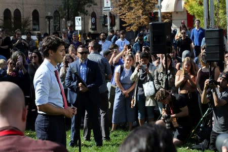 Canada's Prime Minister Justin Trudeau speaks during an election campaign stop in Winnipeg