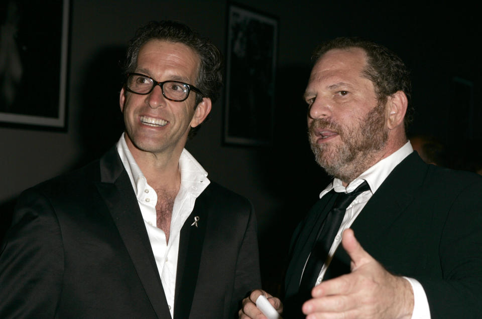 Kenneth Cole and Harvey Weinstein during amfAR 'Cinema Against AIDS' Gala Presented By Miramax Films, Palisades Pictures and Quintessentially - Dinner at Le Moulin De Mougins in Mougins, France. (Photo by J. Vespa/WireImage)