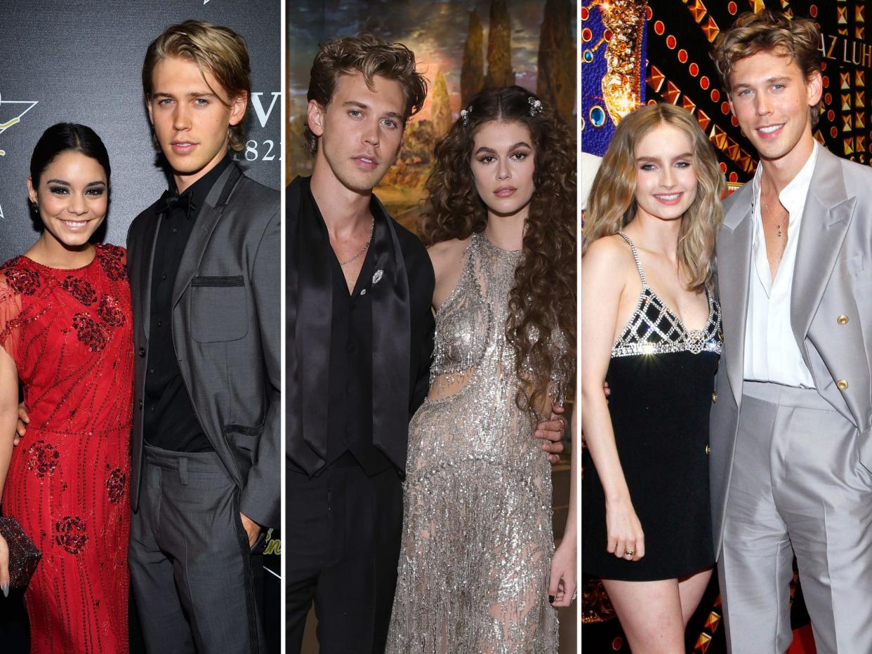 Austin Butler with Vanessa Hudgens in 2014, Austin Butler with Kaia Gerber in 2022; Austin Butler with Olivia DeJonge in 2022.