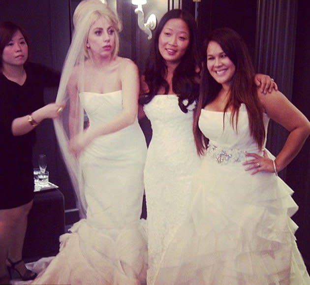 Celebrity Twitpics: Lady Gaga sparked marriage rumours this week when she tweeted a photo of herself wearing a wedding dress. However, our hopes of a Gaga wedding were dashed when she revealed she was actually a bridesmaid. The singer tweeted: “It's my best friends wedding she made us try on dresses! BRIDESMAIDS VERA [Wang] Baby." [sic]
