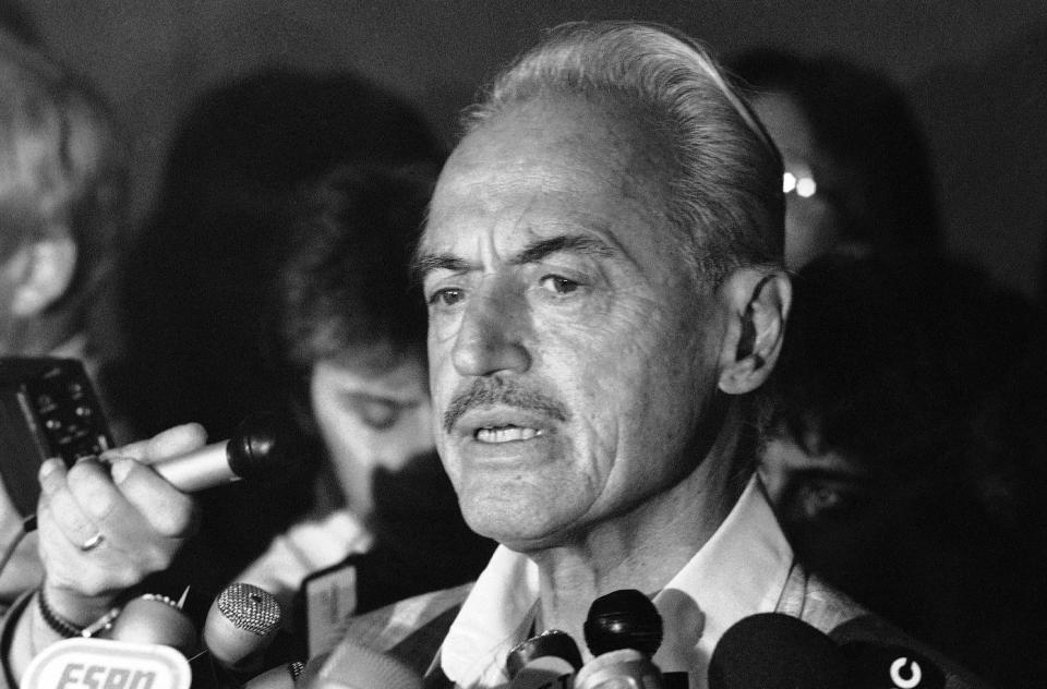 FILE - This July 16, 1981 file photo shows baseball union leader Marvin Miller speaking to reporters after rejecting a proposal to end a baseball strike, in New York. Miller died Tuesday, Nov. 27, 2012 in New York. He was 95. (AP Photo/Howard, File)