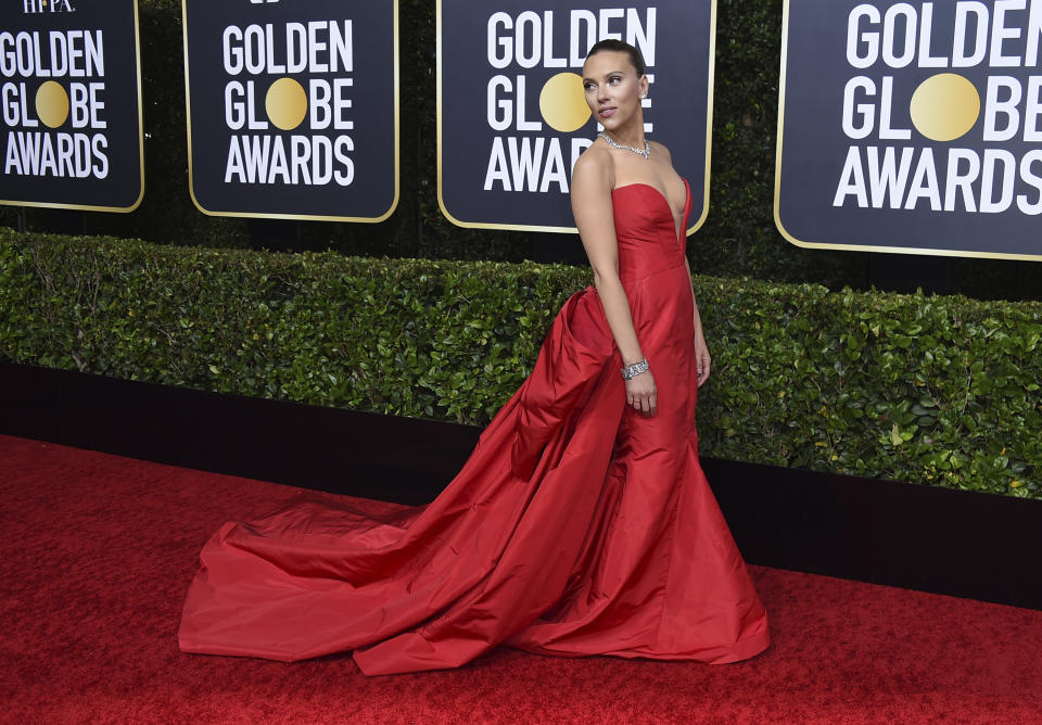 Scarlett Johansson arrives at the 77th annual Golden Globe Awards at the Beverly Hilton Hotel on Sunday, Jan. 5, 2020, in Beverly Hills, Calif. (Photo by Jordan Strauss/Invision/AP)
