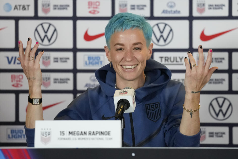 Megan Rapinoe speaks to reporters during the 2023 Women's World Cup media day for the United States Women's National Team in Carson, Tuesday, June 27, 2023. (AP Photo/Ashley Landis)