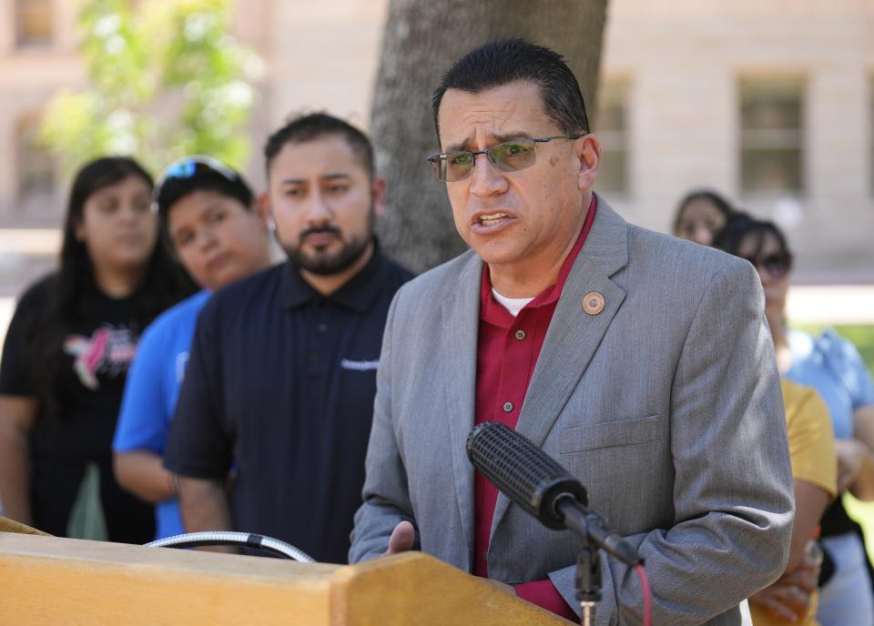 Arizona State Representative Richard Andrade speaks during a news conference on the 10th anniversary of DACA at the Arizona State Capitol in Phoenix on June 15, 2022.