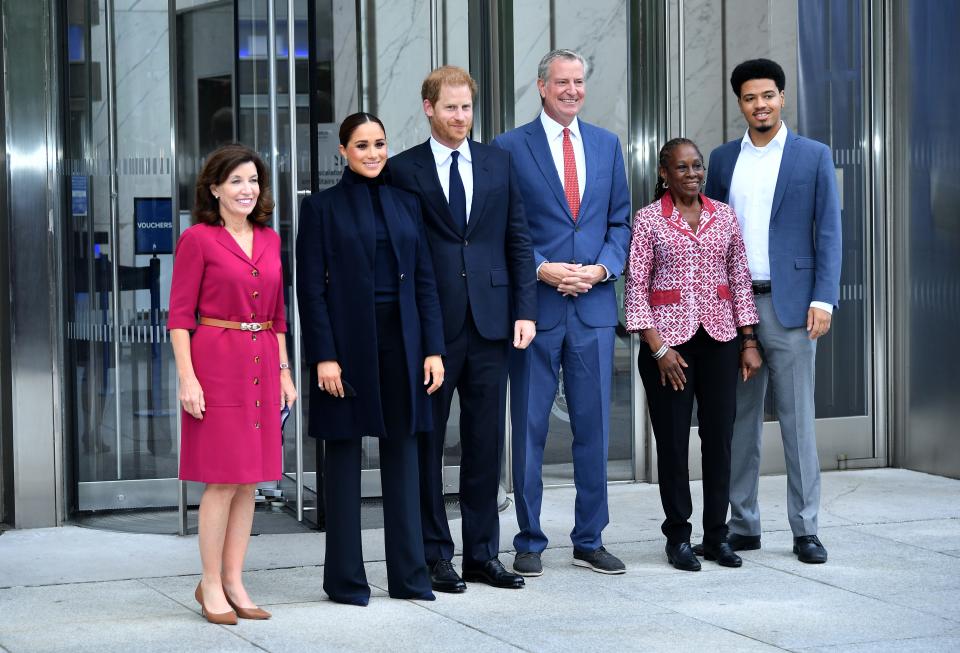 From left, Gov. Kathy Hochul, Duchess Meghan, Prince Harry, NYC Mayor Bill De Blasio, Chirlane McCray and Dante de Blasio pose at One World Observatory on Sept. 23, 2021, in New York City.