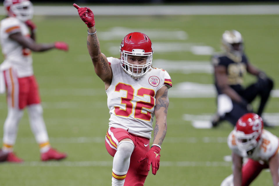 Kansas City Chiefs strong safety Tyrann Mathieu (32) reacts after a pass breakup in the second half of an NFL football game against the New Orleans Saints in New Orleans, Sunday, Dec. 20, 2020. (AP Photo/Brett Duke)