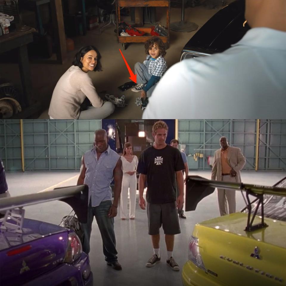 Little Brian wears Converse shoes as Dom looks on in F9, and Brian wears Converse in 2001's The Fast and the Furious