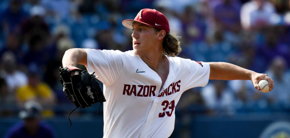 Arkansas starting pitcher Hagen Smith pitches against LSU during the SEC Tournament elimination game May 25, 2023.