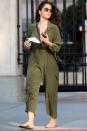 <p>Minka Kelly was out and about in Beverly Hills, California, wearing an olive jumpsuit.</p>