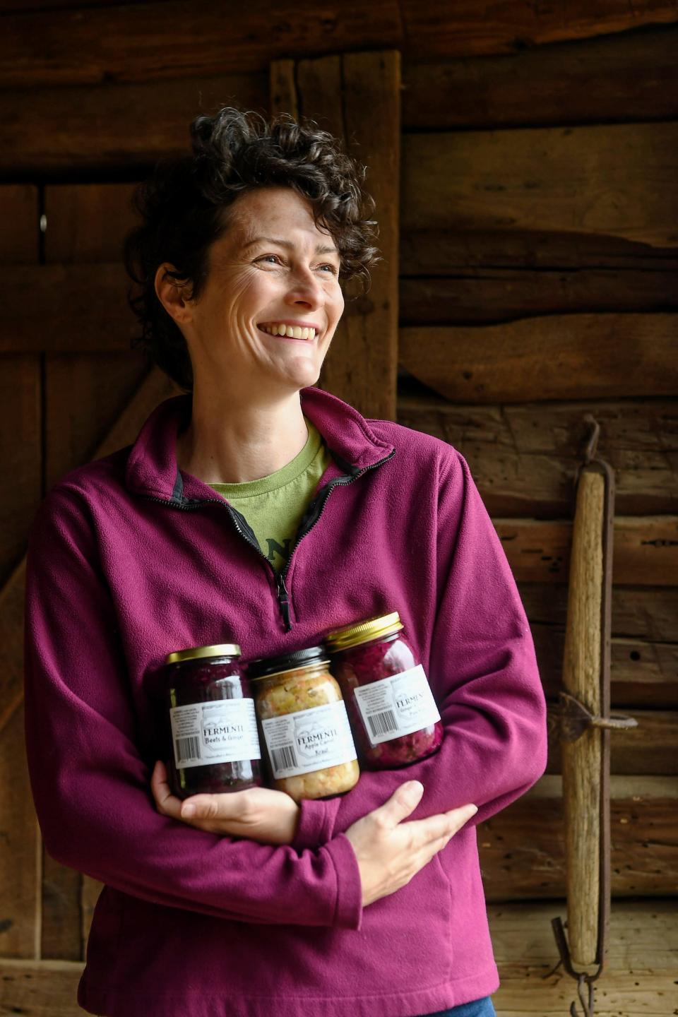 Meg Chamberlain with jars of Fermenti Foods on her farm in Marshall February 26, 2021.