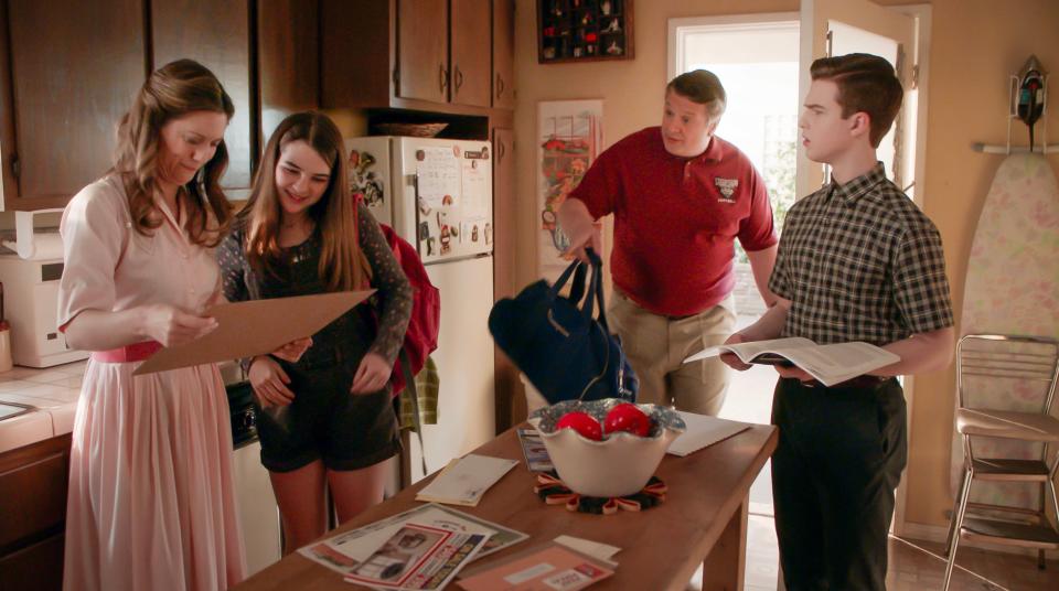 From left: Zoe Perry as Mary, Raegan Revord as Missy, Lance Barber as George Sr., and Iain Armitage as Sheldon in Thursday's all new episode of Young Sheldon