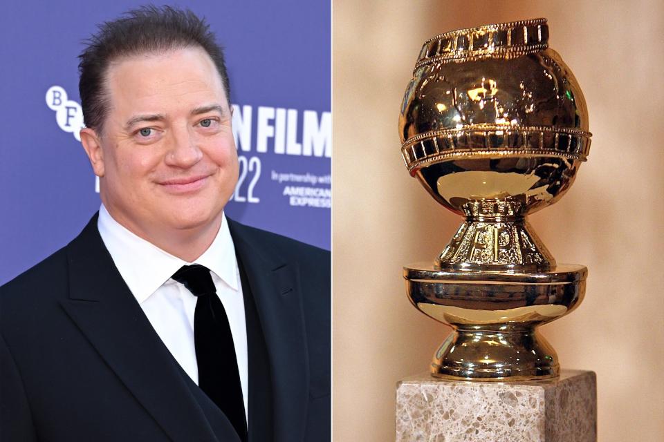 Brendan Fraser attends "The Whale" UK Premiere during the 66th BFI London Film Festival at The Royal Festival Hall on October 11, 2022 in London, England. (Photo by Karwai Tang/WireImage); The new 2009 Golden Globe statuettes are on display during an unveiling by the Hollywood Foreign Press Association at the Beverly Hilton Hotel on January 6, 2009 in Beverly Hills, California. The 66th annual Golden Globe Awards are scheduled for January 11. (Photo by Frazer Harrison/Getty Images)