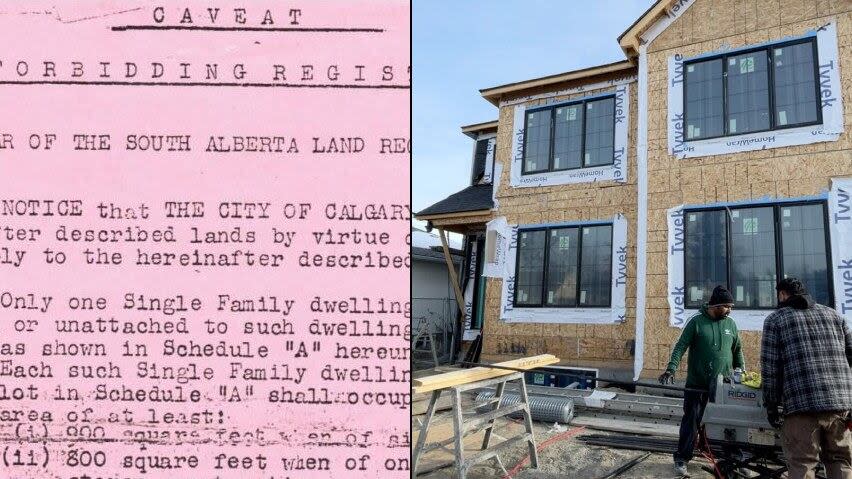 Restrictive covenants, like the one on the left, are legal instruments that are attached to property titles and can prevent the construction of certain types of buildings, including duplexes, like the one pictured in the file photo on the right. (Left: Property title/Screenshot, Right: Bryan Labby/CBC - image credit)