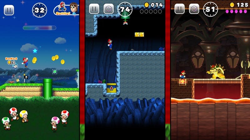 Screenshots show Mario jumping through levels in Super Mario Run. 