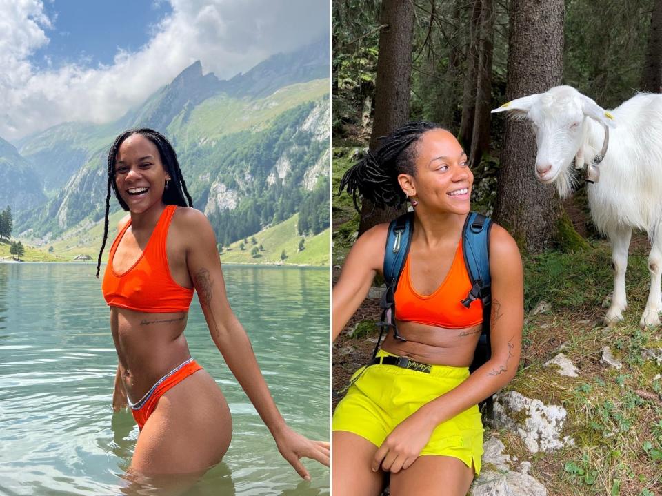 A split image of a woman wearing an orange bathing suit posing in a lake and a woman wearing an orange top and yellow shorts posing with a white goat.