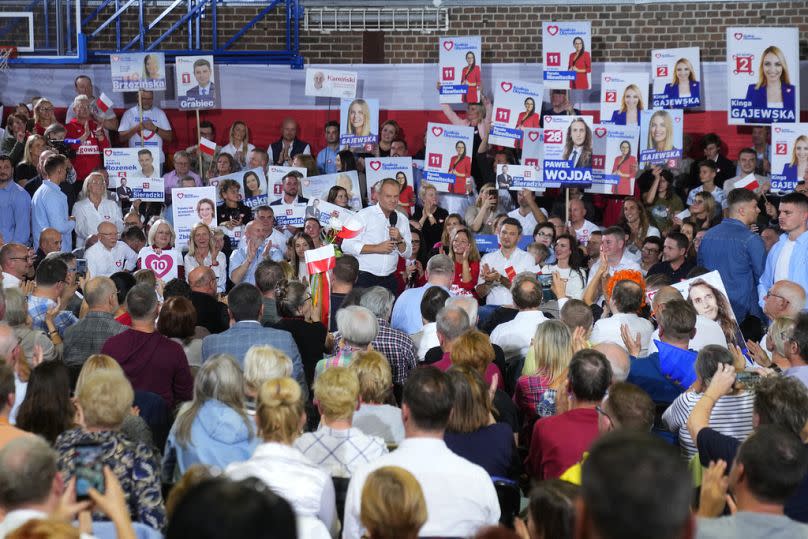 Poland's main opposition leader Donald Tusk speaks to supporters during an election rally in Pruszkow, October 2023