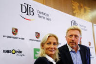 Barbara Rittner head of women's tennis is seen with Three-times Wimbledon champion Boris Becker as he is announced as German Tennis Federation's (DTB) new head of men's tennis during a news conference in Frankfurt, Germany, August 23, 2017. REUTERS/Kai Pfaffenbach