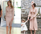 <p>The Duchess of Cambridge beat the first lady by just a few days with this one! For her sister Pippa Middleton’s wedding on May 21, Kate wore a custom blush pink dress from Alexander McQueen. Less than a week later, FLOTUS paid a visit to a hospital in Brussels wearing a skirt suit in the same pink color from local designer Maison Ullens. (Photos: AP/Getty Images) </p>