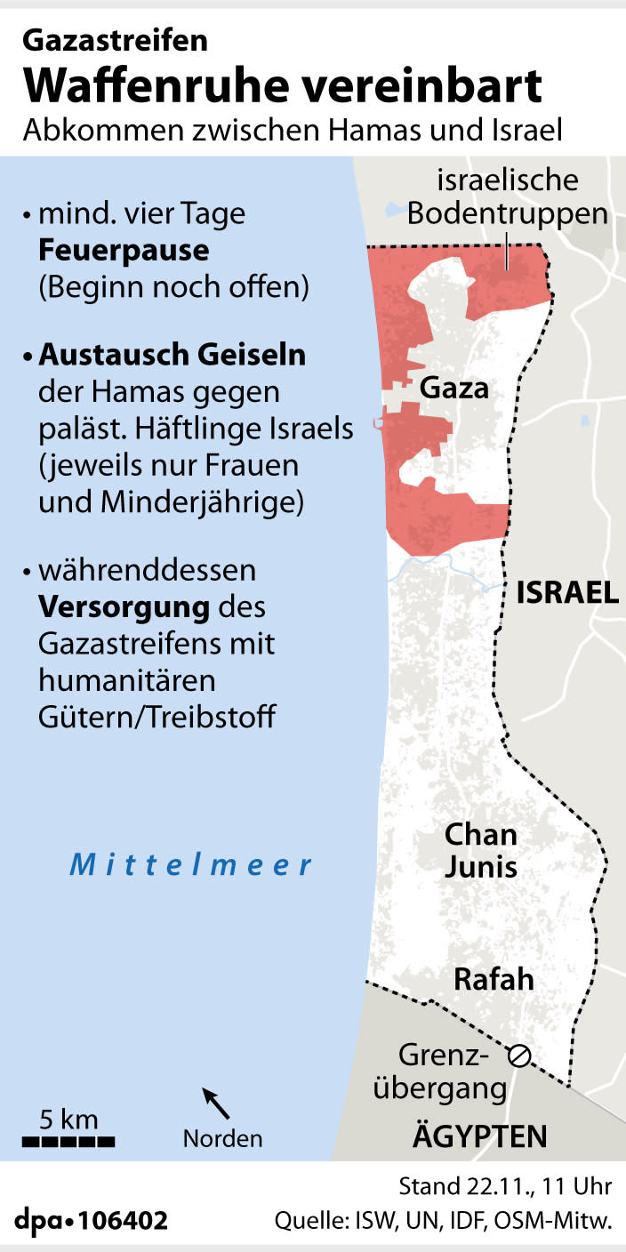 Gaza-Karte u. wichtigste Punkte der Waffenstillstandsvereinbarung. (Grafik: P. Massow; Redaktion: A. Brühl)