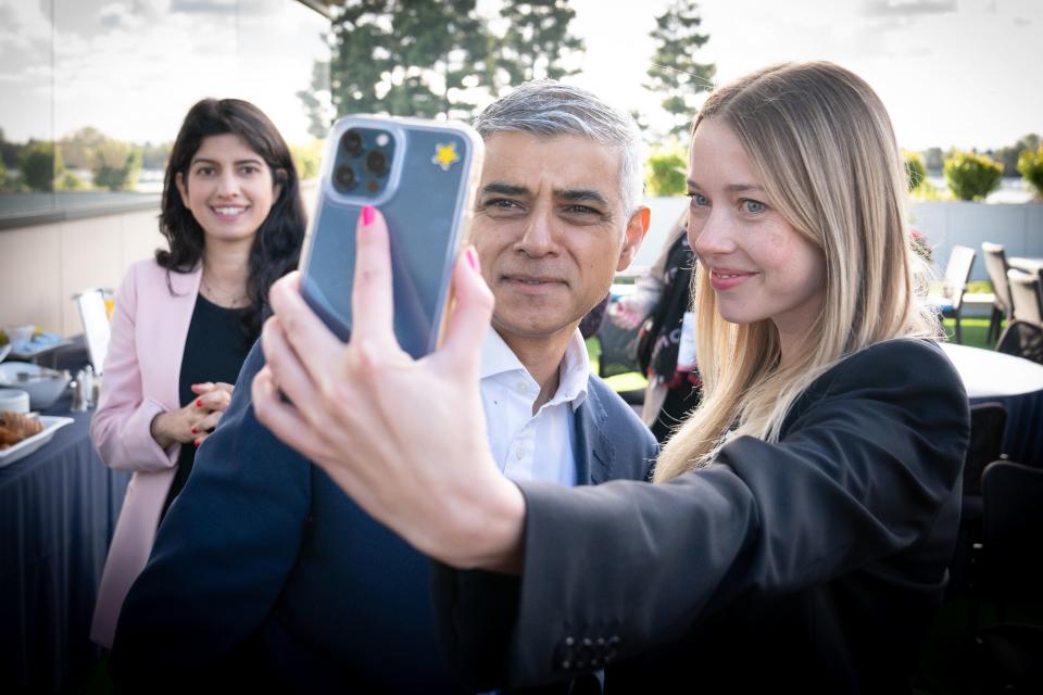 Mayor of London Sadiq Khan poses for a selfie photograph with Female Founders of London & Partners’ trade mission at Plug & Play in Silicon Valley in California (PA)