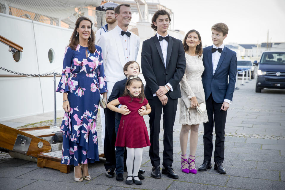 Princess Marie of Denmark, Prince Joachim of Denmark, Prince Henrik of Denmark, Princess Athena of Denmark, Prince Nikolai of Denmark, Countess Alexandra of Denmark and Prince Felix of Denmark attend the 18th birthday celebration of Prince Nikolai at royal ship Dannebrog on August 28, 2017 in Copenhagen, Denmark.