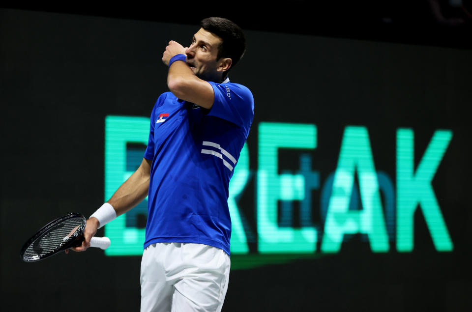 MADRID, SPAIN - DECEMBER 03: Novak Djokovic of Serbia shows his dejection during the singles match against Marin Cilic of Croatia during the Davis Cup semi final between Serbia and Croatia at Madrid Arena on December 03, 2021 in Madrid, Spain. (Photo by Clive Brunskill/Getty Images)