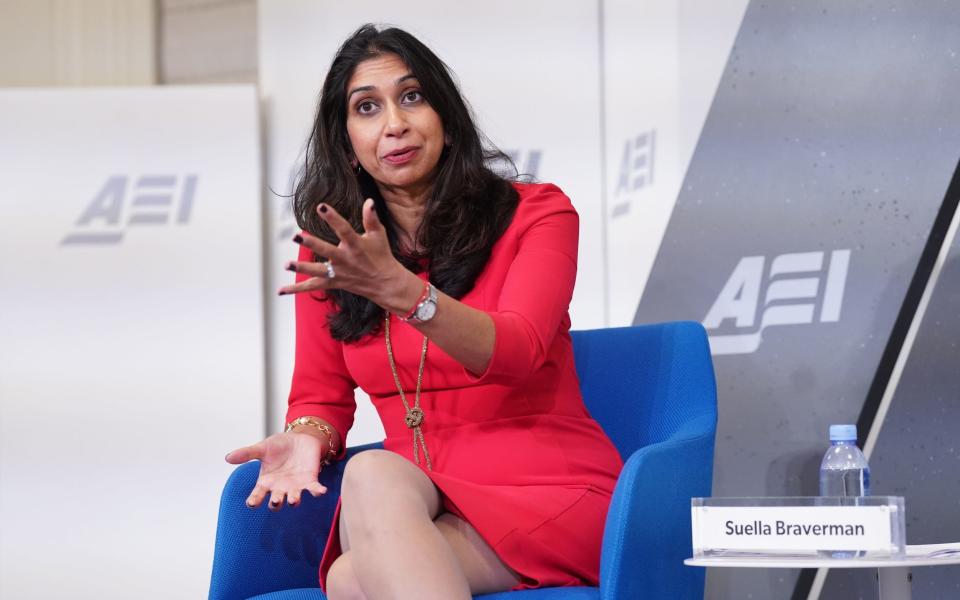Suella Braverman, the Home Secretary, is pictured yesterday at the American Enterprise Institute in Washington DC