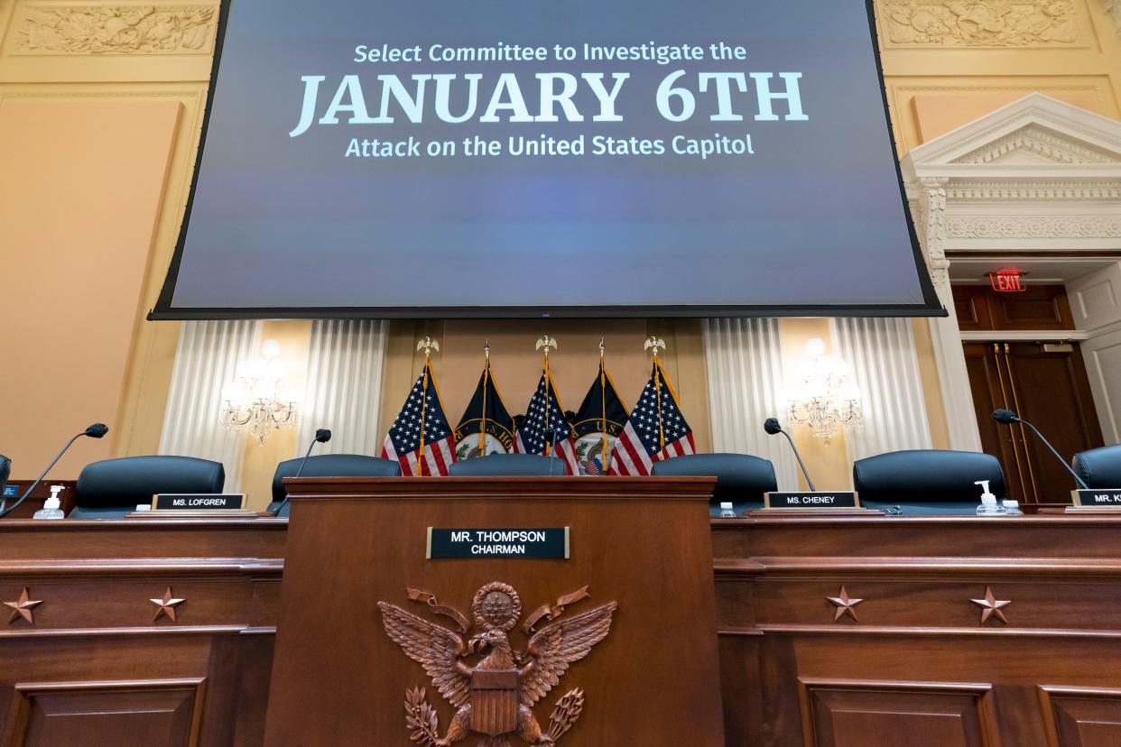 A large projection screen is seen that will display video exhibits as the House select committee investigating the Jan. 6 attack on the U.S. Capitol holds its first public hearing to reveal the findings of a year-long investigation, at the Capitol in Washington, Thursday, June 9, 2022. 