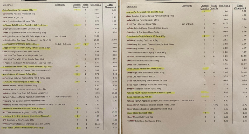 Paper invoice with highlighted lines.