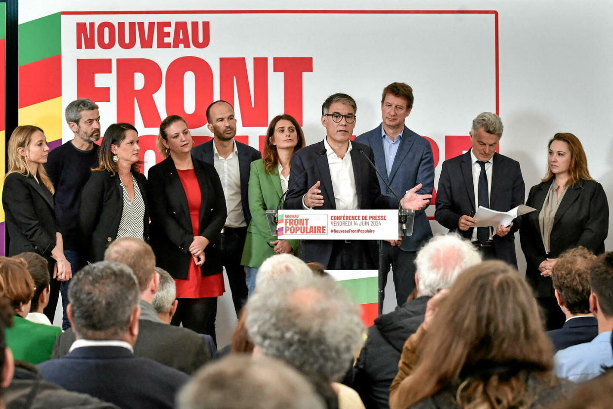 Le premier secrétaire du Parti socialiste, Olivier Faure, s'exprime lors d'une conférence de presse du Nouveau Front populaire à la Maison de la chimie, à Paris, le 14 juin 2024.  - Credit:Abdullah Firas/Abaca