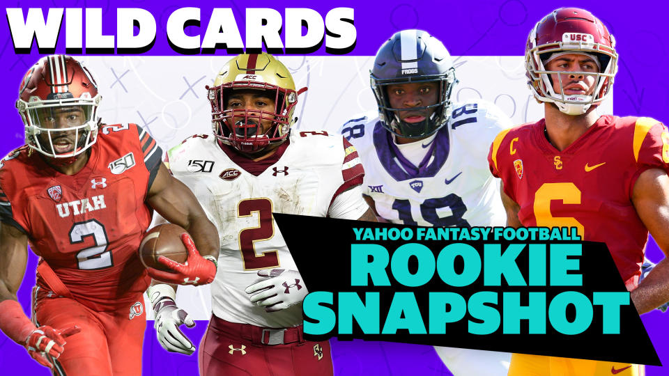 Liz Loza & Eric Edholm discuss Utah's Zack Moss, Boston College's A.J. Dillon, TCU's Jalen Reagor & USC's Michael Pittman, Jr. on the latest Yahoo Fantasy Football Podcast: Rookie Snapshot. (Getty Images/Yahoo Sports)