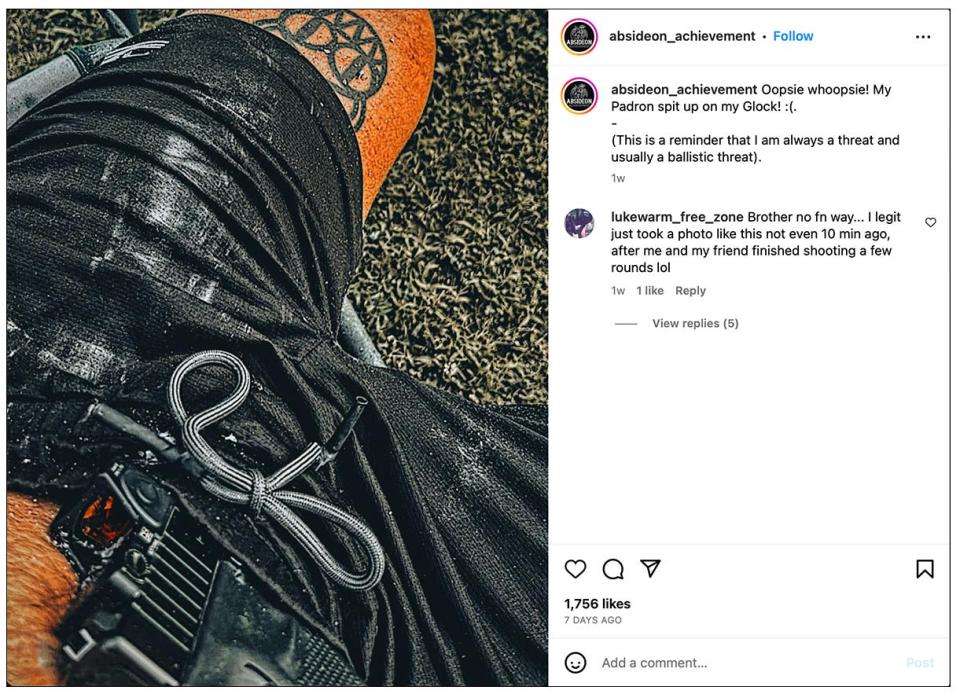 Russin social media post that shows a firearm above his crotch